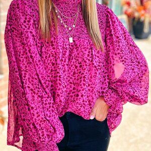 Bold Rose/Hot Pink Leopard Smocked Flowy Blouse – Statement Puff Sleeves